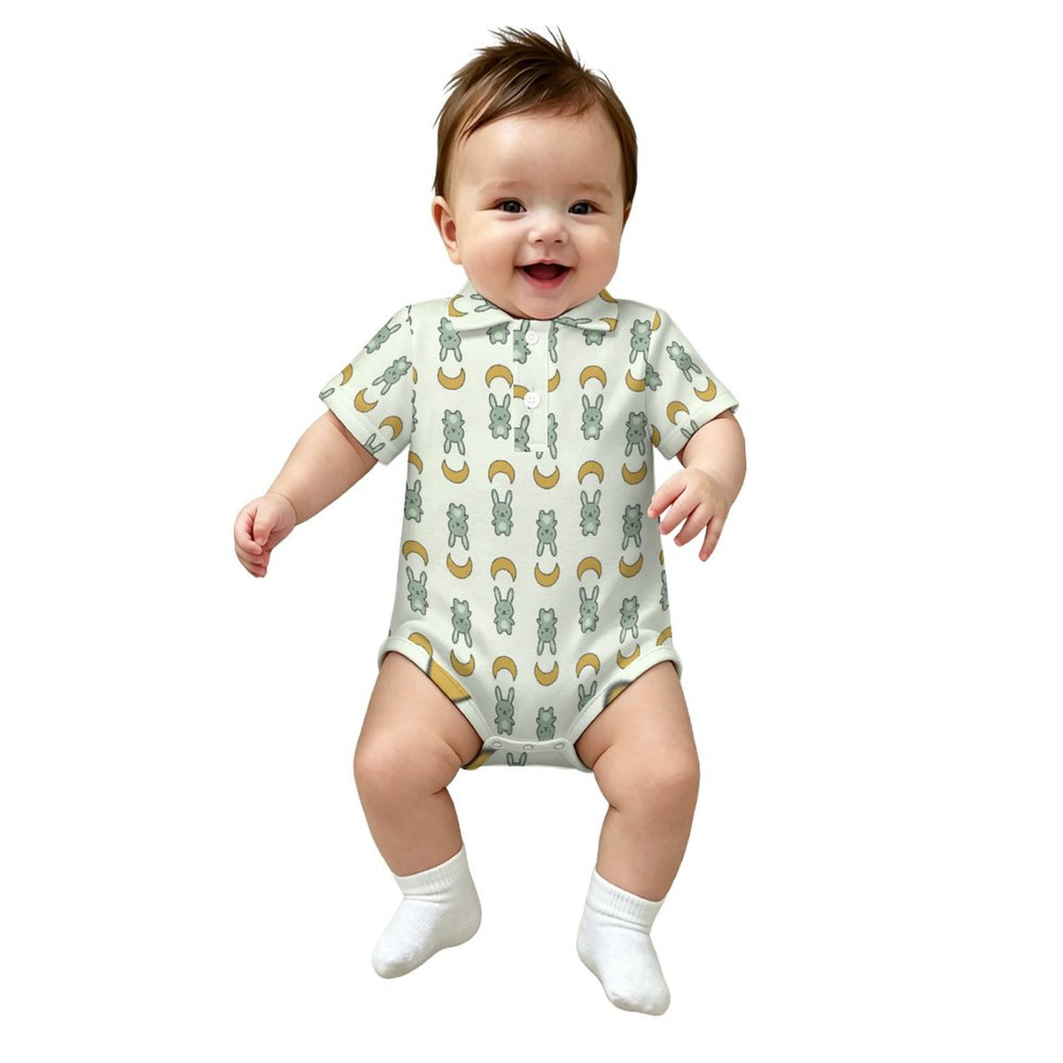 Cute Baby Rabbit Print Short Sleeve Polo Romper