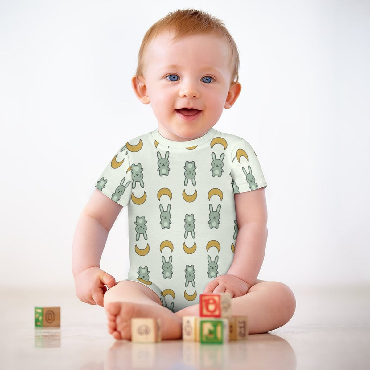 Cute Bunny & Moon Short Sleeve Baby Bodysuit | 180gsm