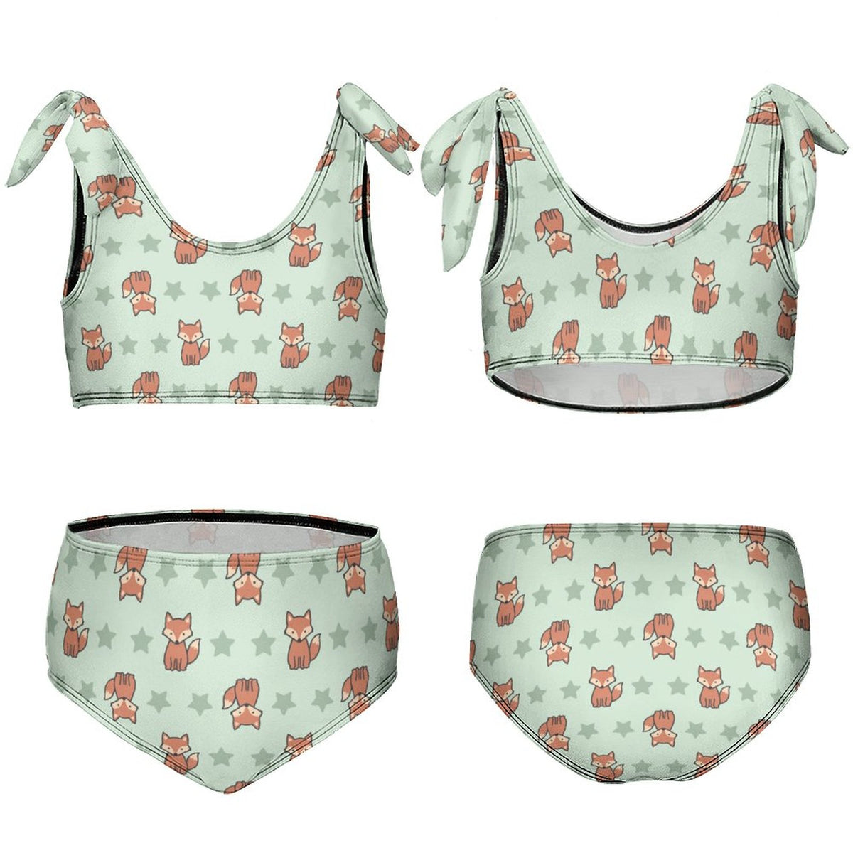 Cute Fox Print Tie-Strap Bikini Set for Girls | Custom AOP