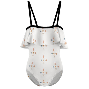 Girls' White Geometric Flounce One-Piece Swimwear