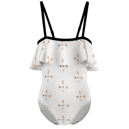 Girls' White Geometric Flounce One-Piece Swimwear