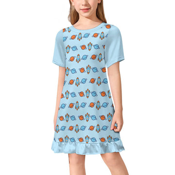 Outer Space Rocket Ruffle Hem Girls Dress | AOP
