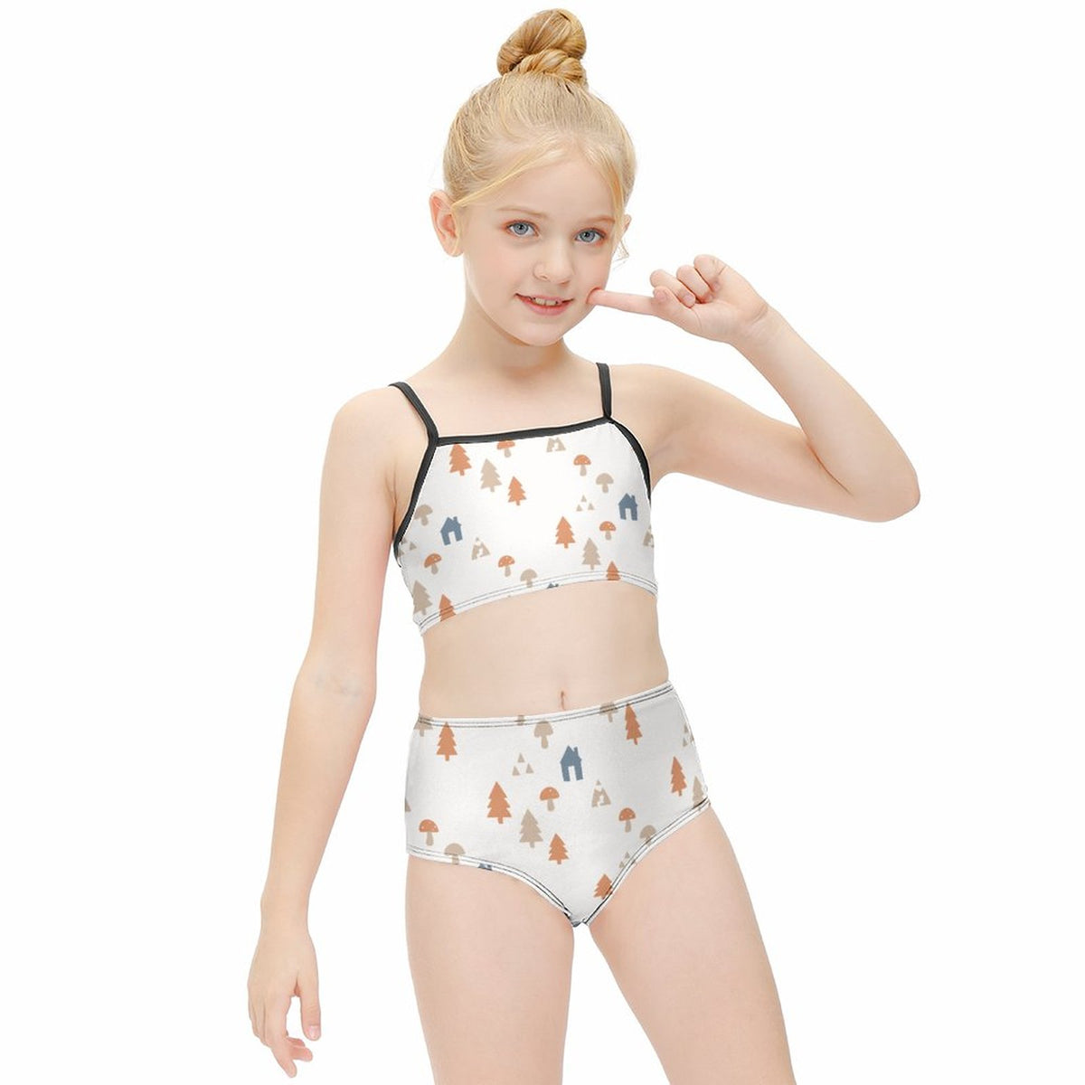 Girls' White Forest Pattern Cami Bikini Set