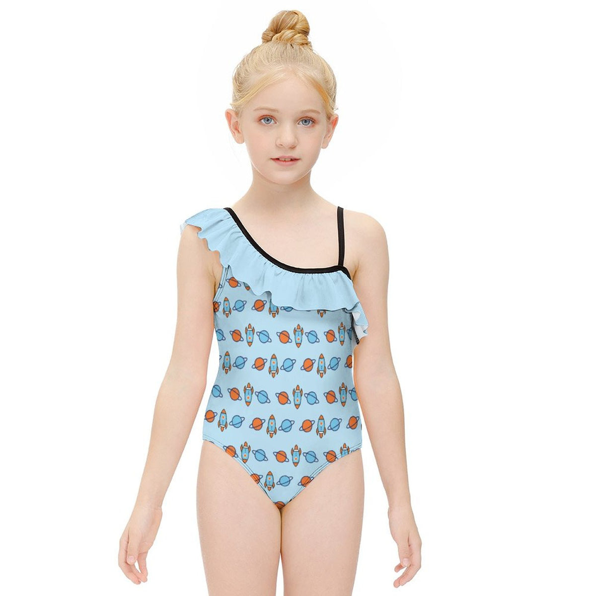 Outer Space Rocket Asymmetric Ruffle Girls Swimsuit