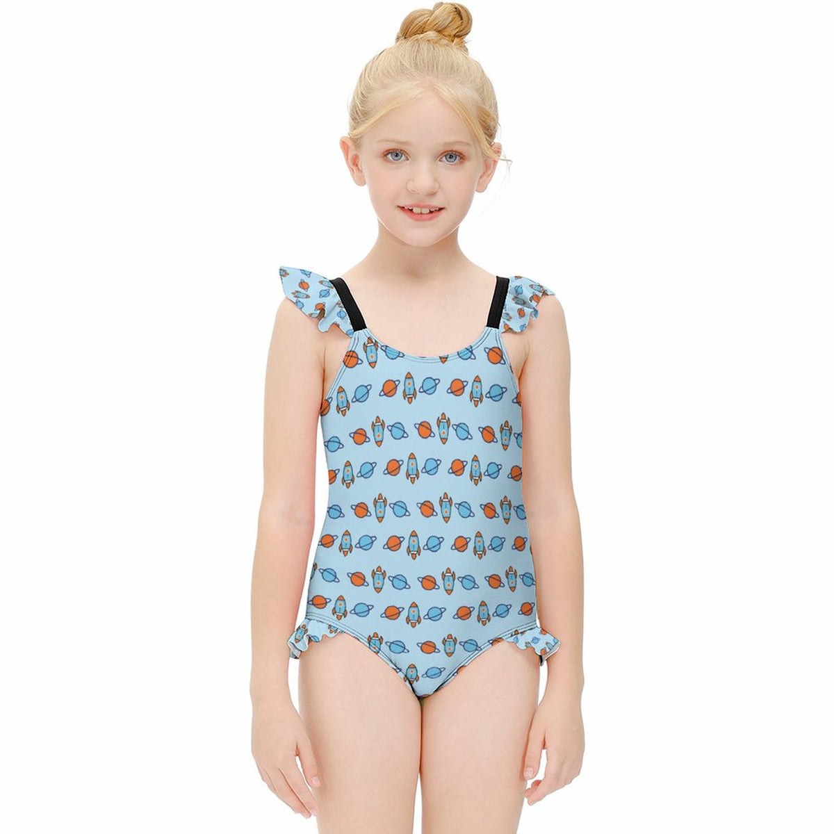 Outer Space Rocket Double Ruffle Girls Swimsuit
