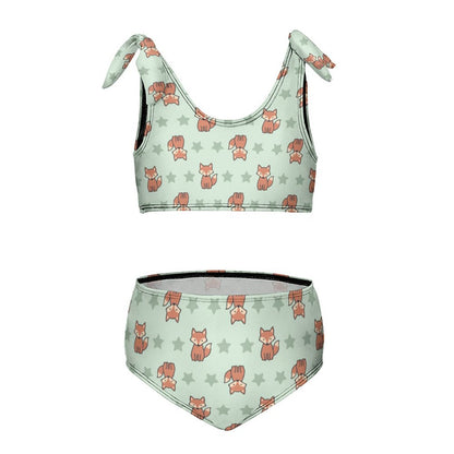 Cute Fox Print Tie-Strap Bikini Set for Girls | Custom AOP