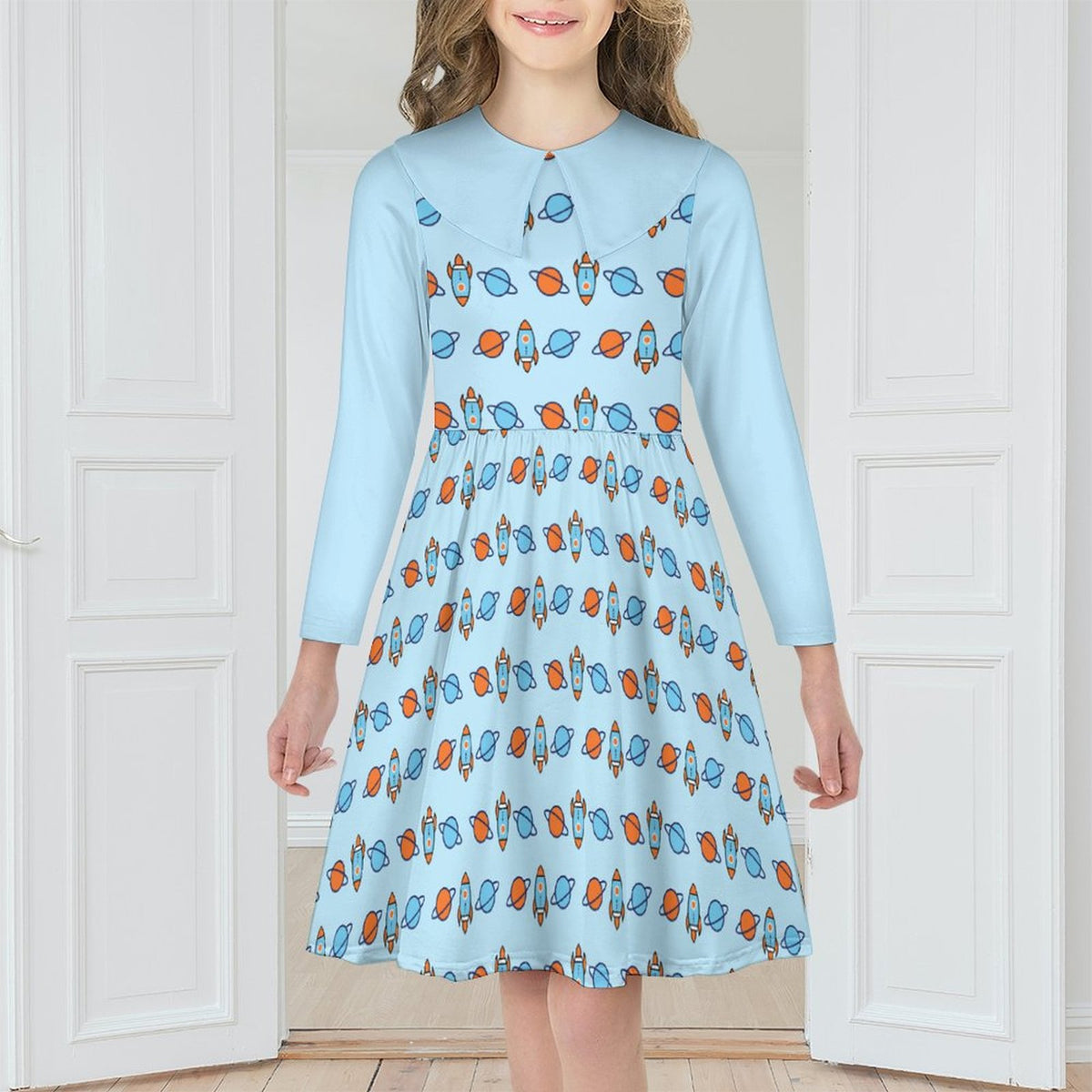Space Rocket Collar Long Sleeve Girls Dress | AOP