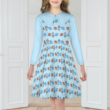 Space Rocket Collar Long Sleeve Girls Dress | AOP