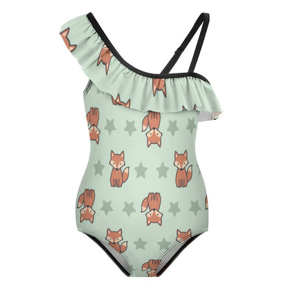 Cute Fox Print One-Shoulder Ruffle Swimsuit for Girls