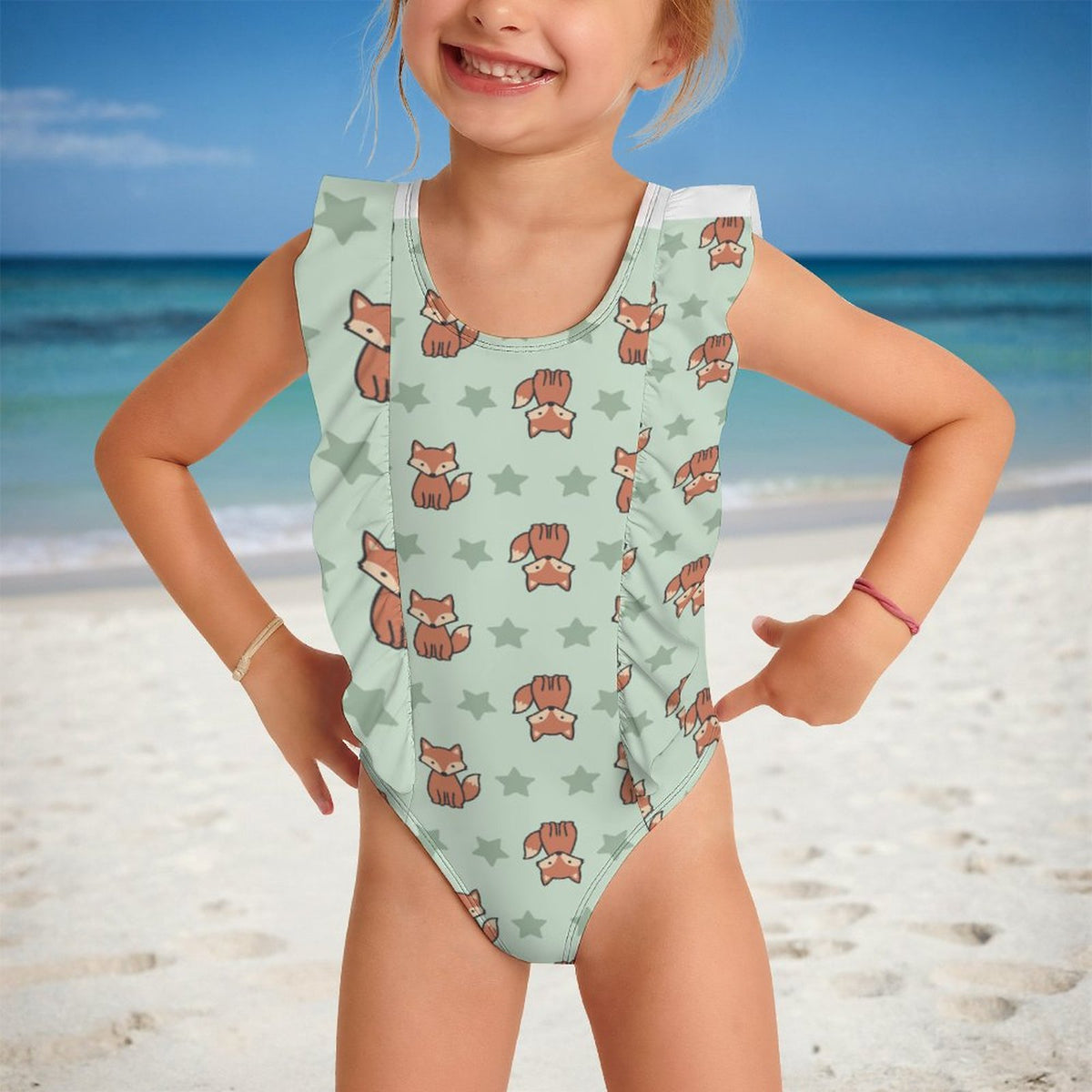 Girls Cute Fox Print Ruffle Shoulder One-Piece Swimsuit