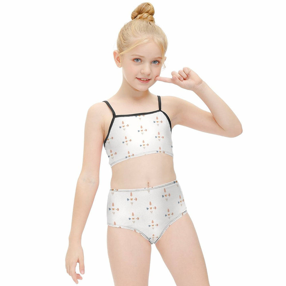 Girls' White Geometric Patterned Two-Piece Swimwear