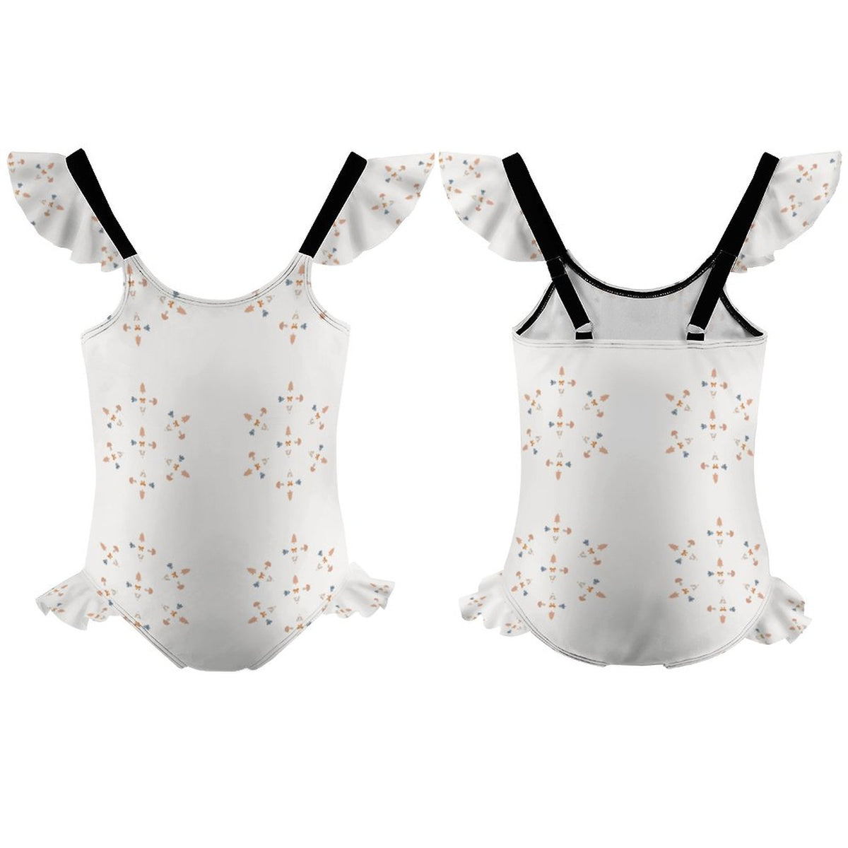 Girls' White Geometric Ruffle Trim Bathing Suit