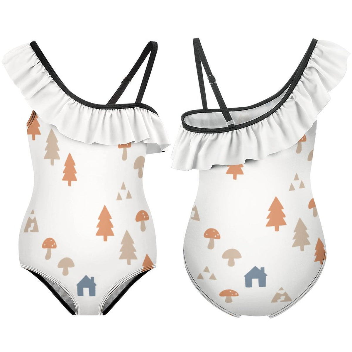 Girls' Woodland Print One-Shoulder Ruffle Swimsuit