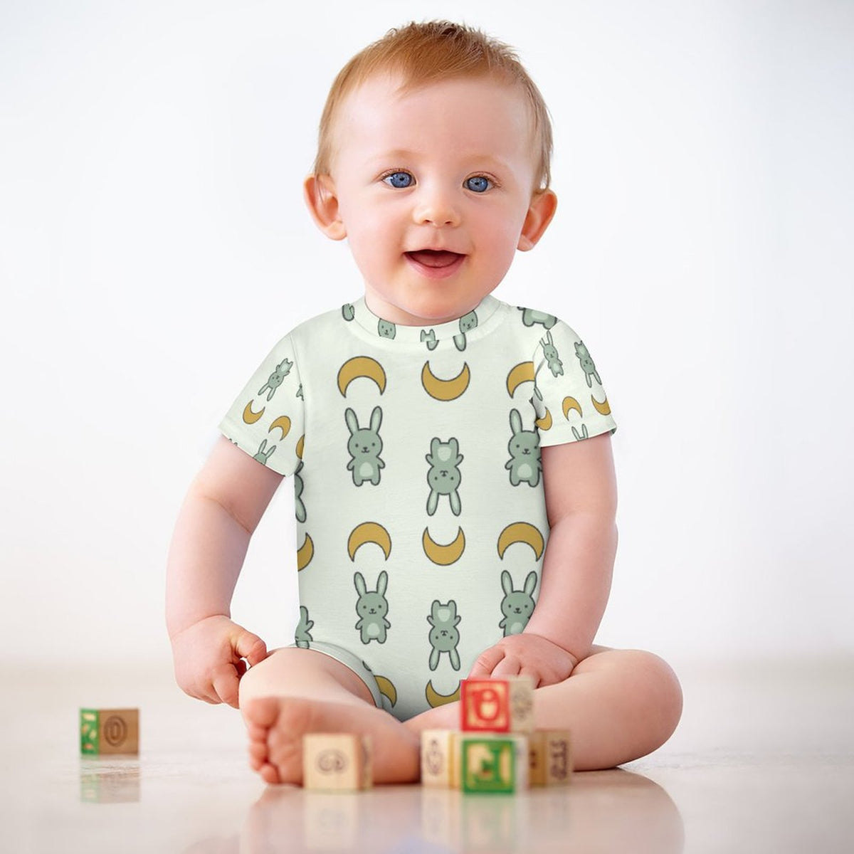 Cute Cotton Baby Bunny & Moon Short Sleeve Romper