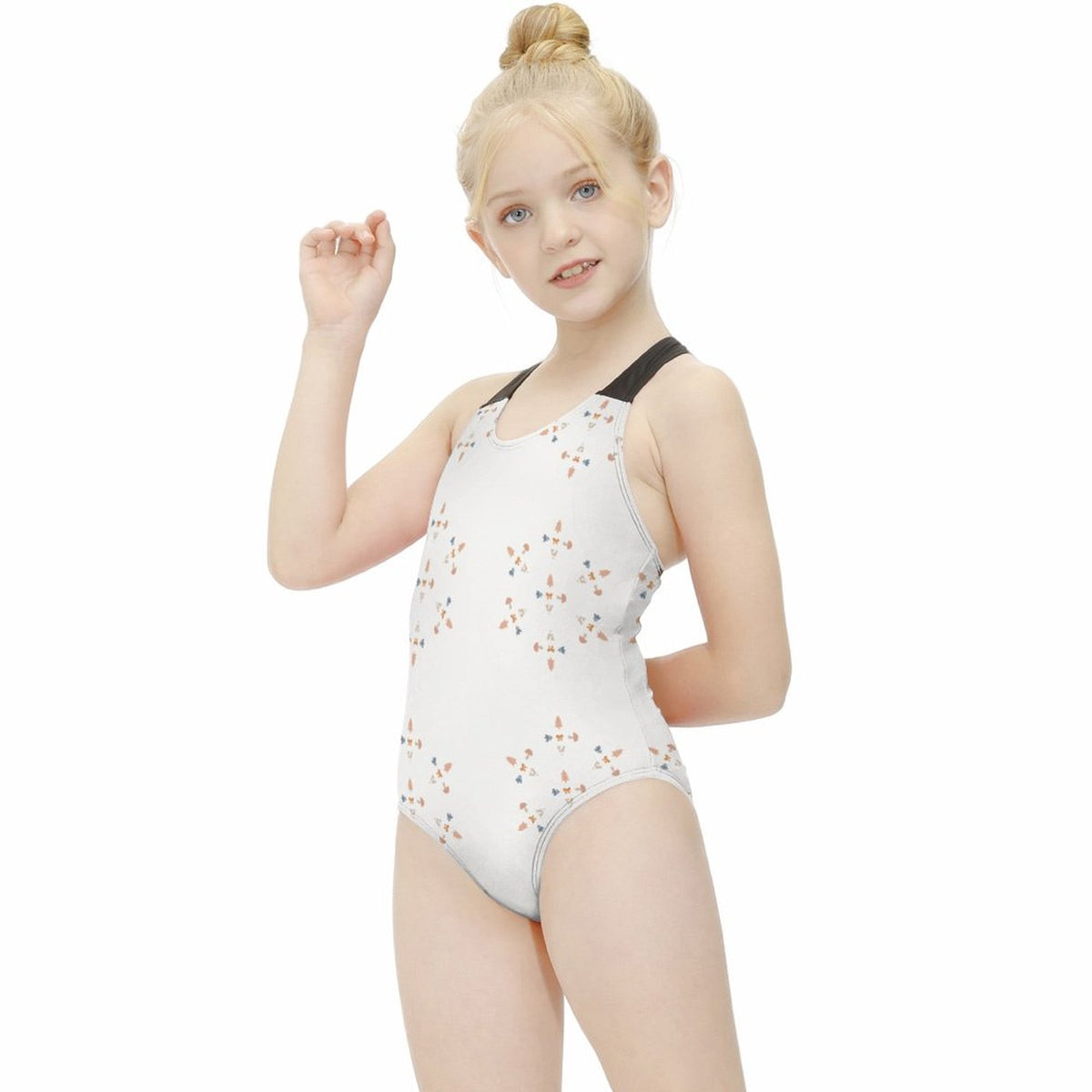 Girls' White Geometric Patterned Beach Swimsuit