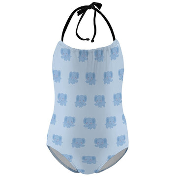 Girls' Blue Elephant Halter One-Piece Swimsuit