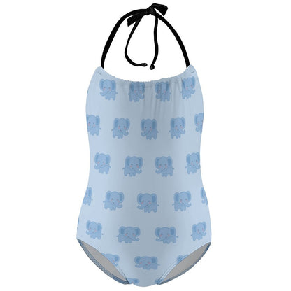 Girls' Blue Elephant Halter One-Piece Swimsuit