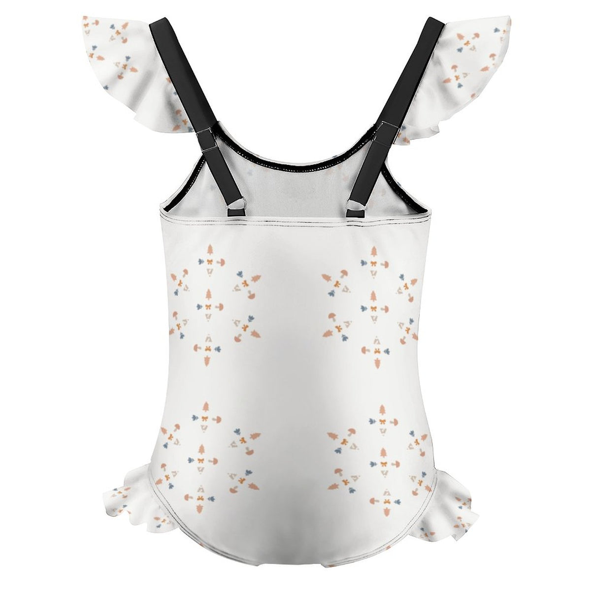 Girls' White Geometric Ruffle Trim Bathing Suit