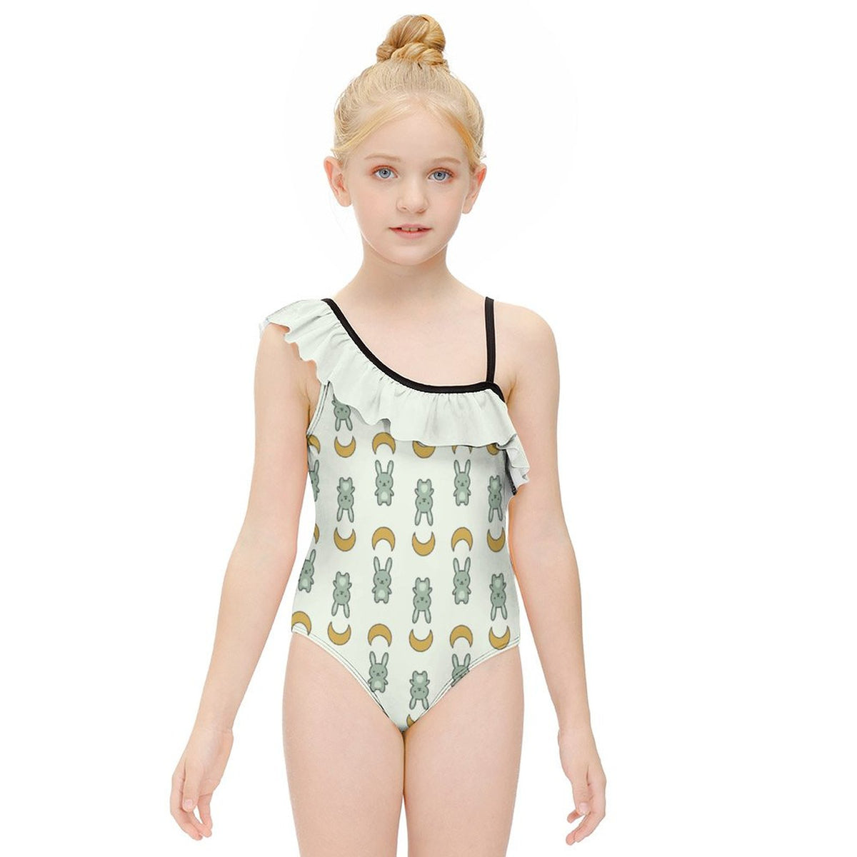 Cute Bunny & Moon Asymmetric Ruffle Girls Swimsuit