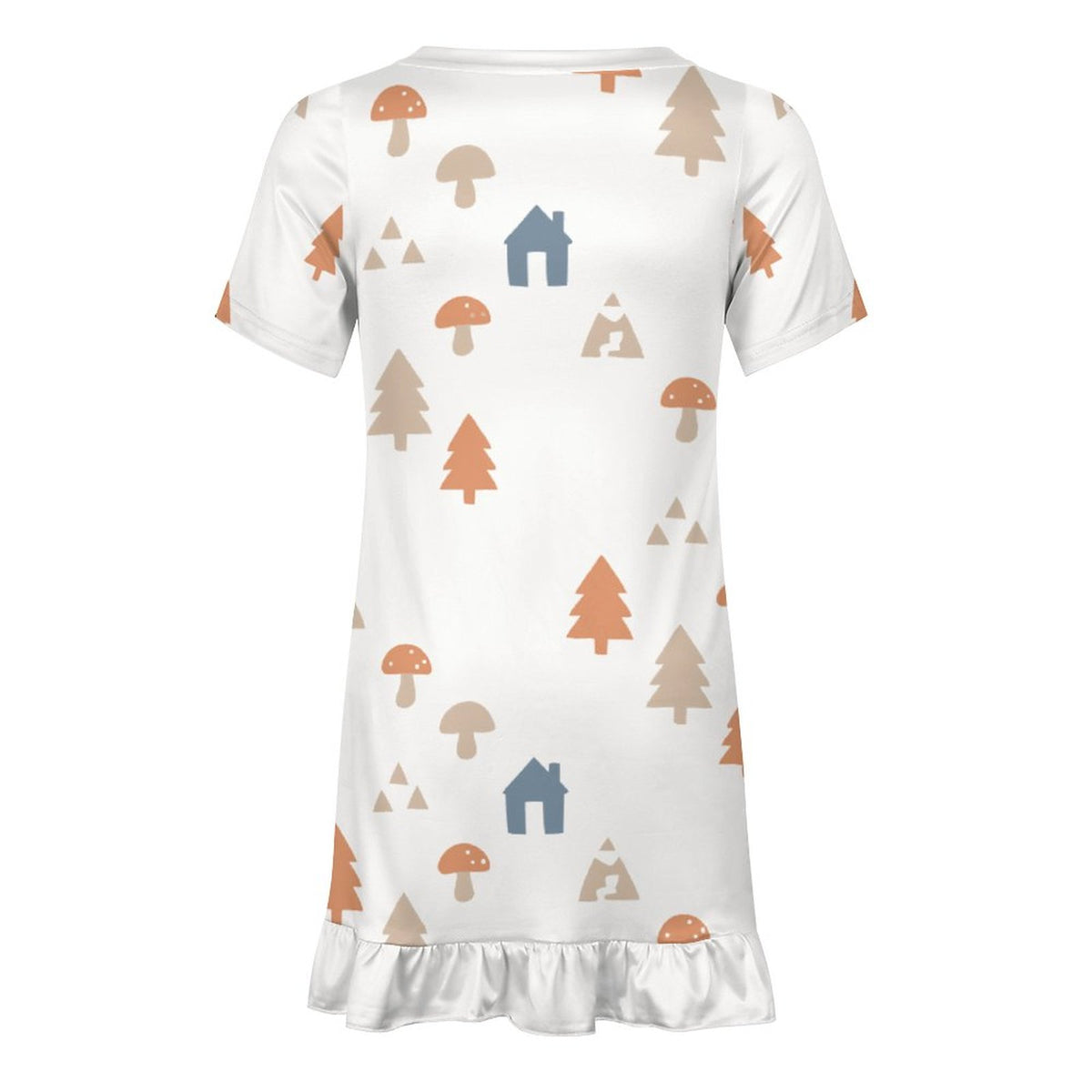 Girls' White Forest Pattern Ruffle Hem Dress