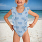 Girls' Blue Elephant Print Frill Strap One-Piece