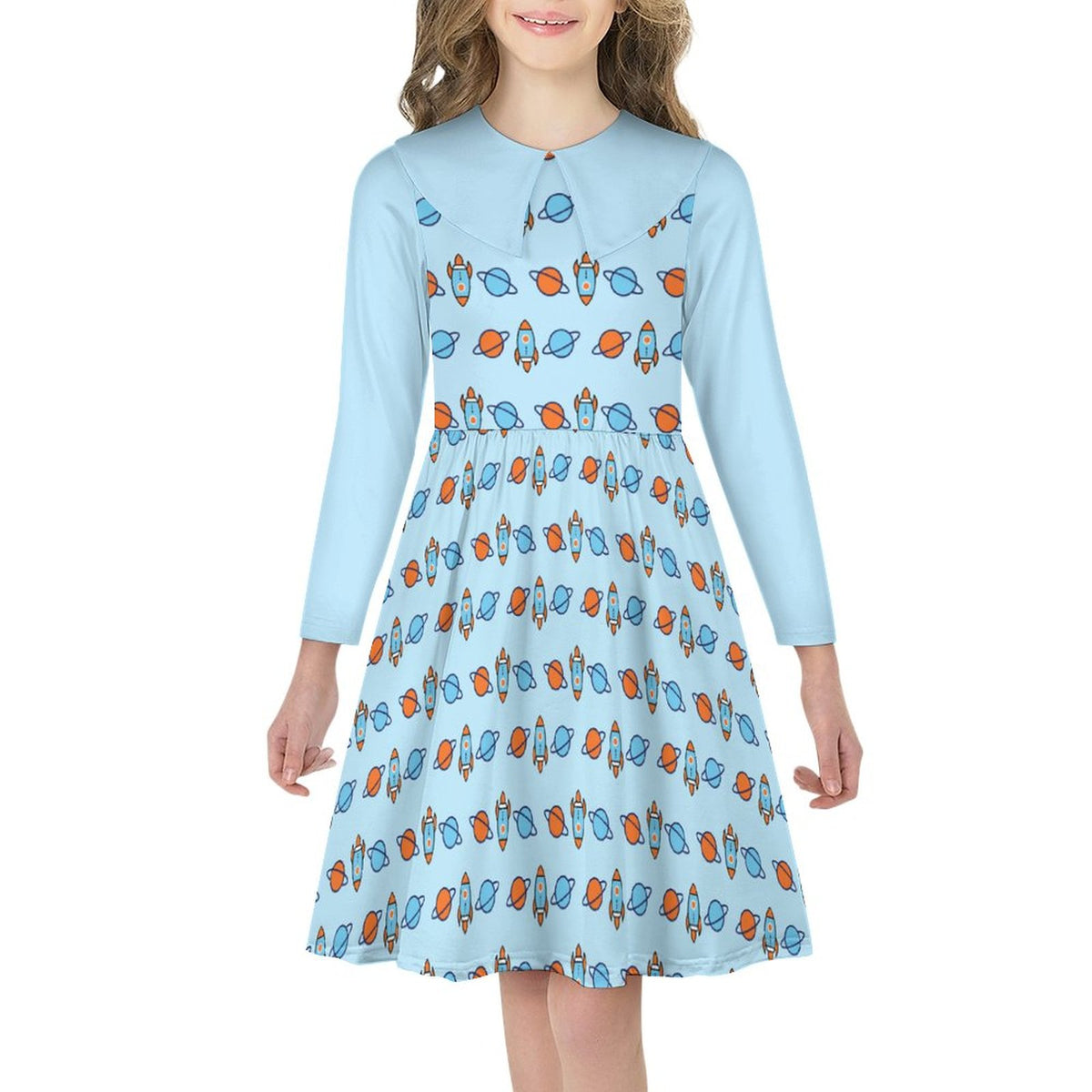 Space Rocket Collar Long Sleeve Girls Dress | AOP