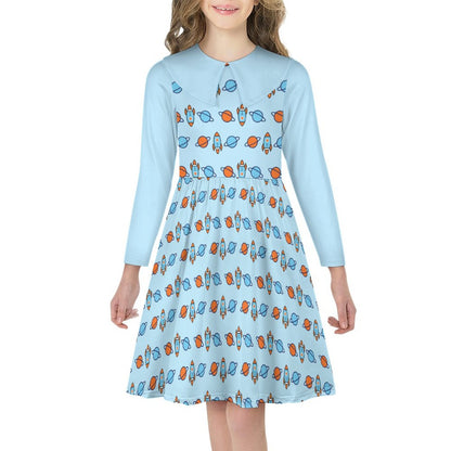 Space Rocket Collar Long Sleeve Girls Dress | AOP