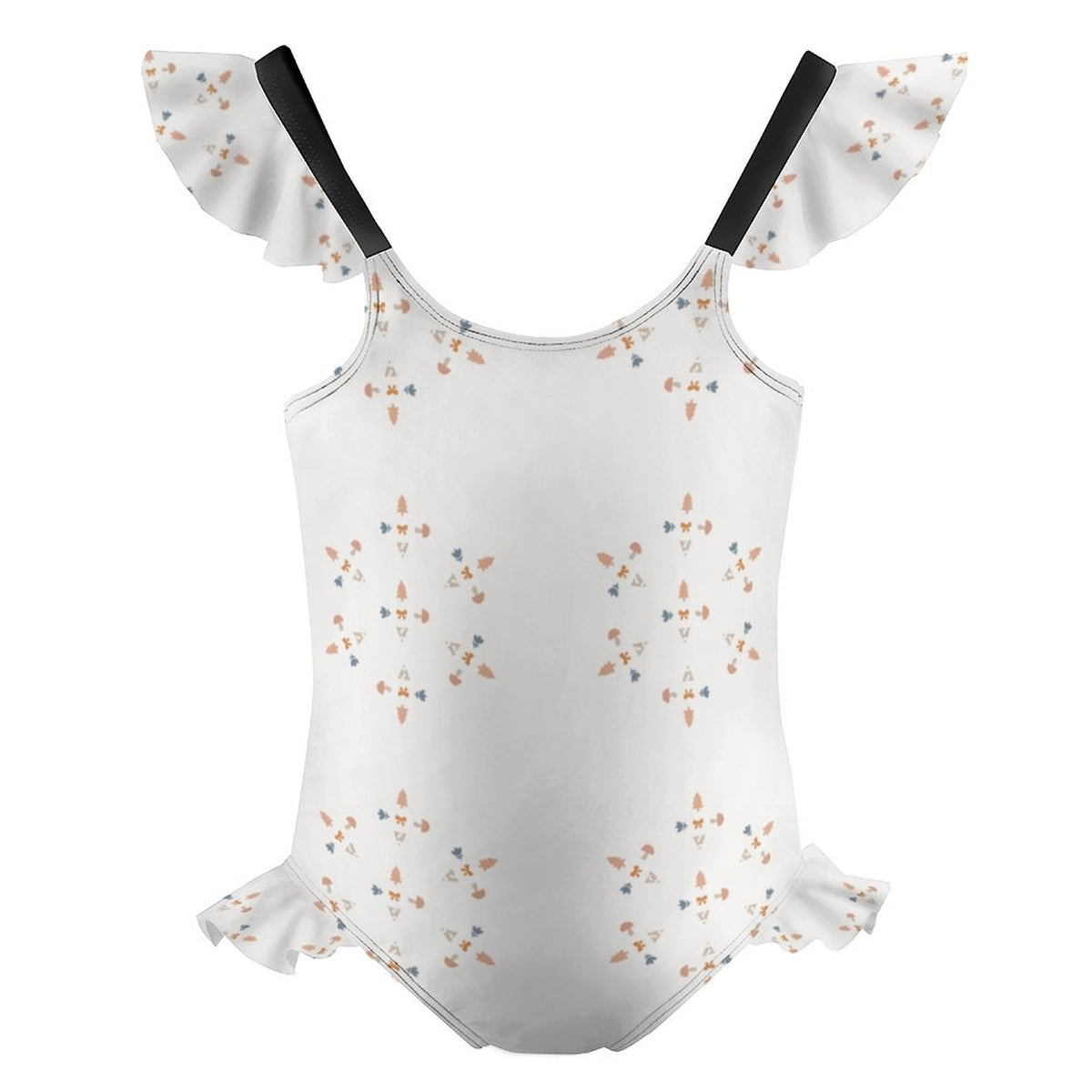 Girls' White Geometric Ruffle Trim Bathing Suit