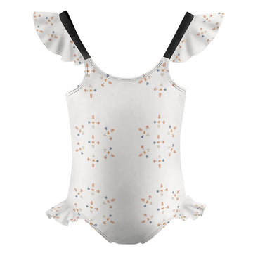 Girls' White Geometric Ruffle Trim Bathing Suit