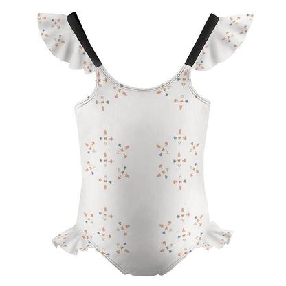 Girls' White Geometric Ruffle Trim Bathing Suit