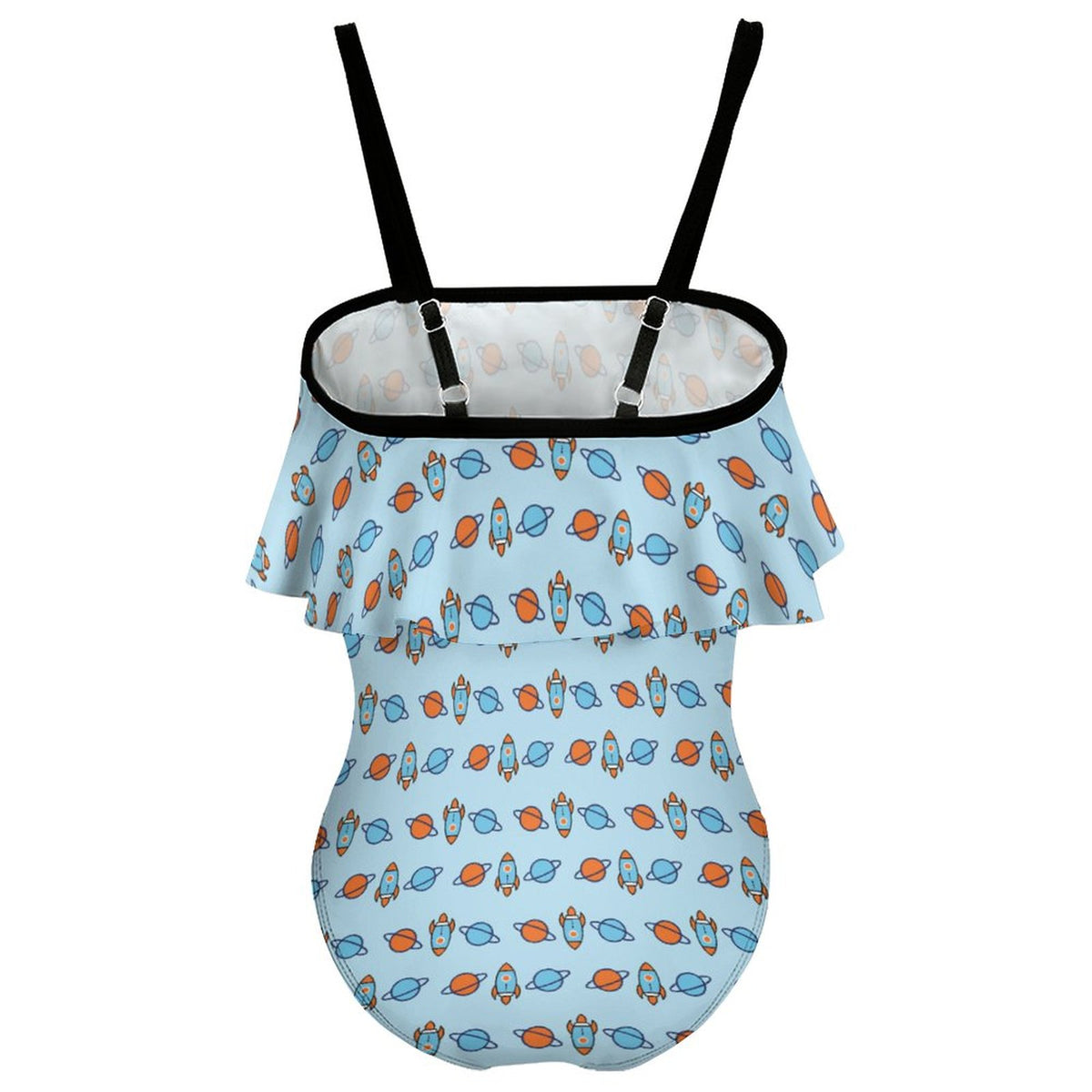 Outer Space Rocket Off-Shoulder Ruffle Girls Swimsuit