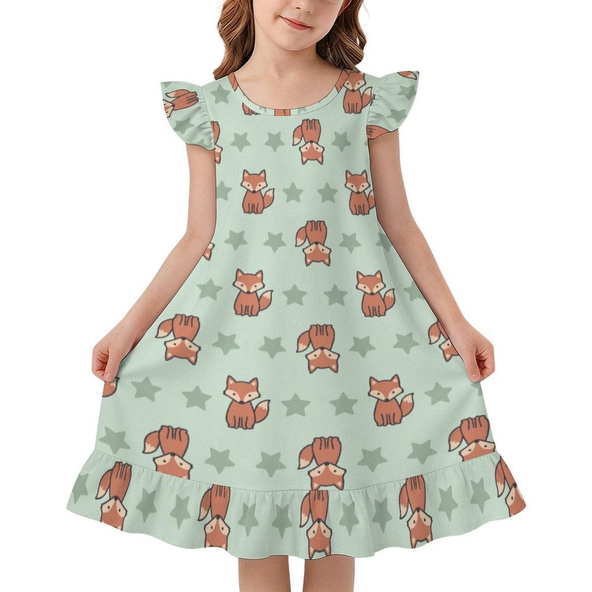 Girls Cute Fox Print Ruffle Sleeve Nightgown