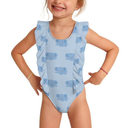 Girls' Blue Elephant Print Frill Strap One-Piece