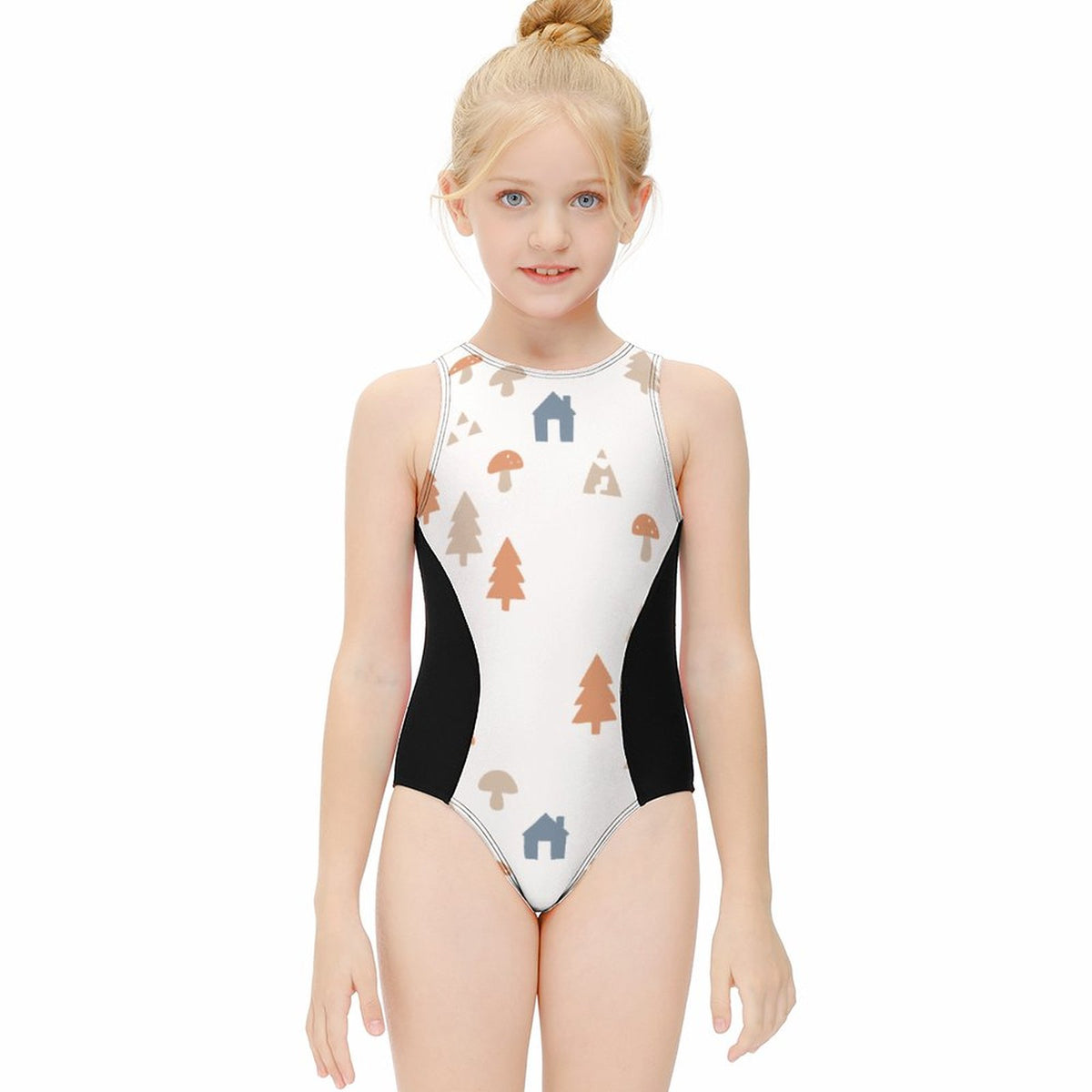 Girls' White Woodland High Neck Zip Swimsuit