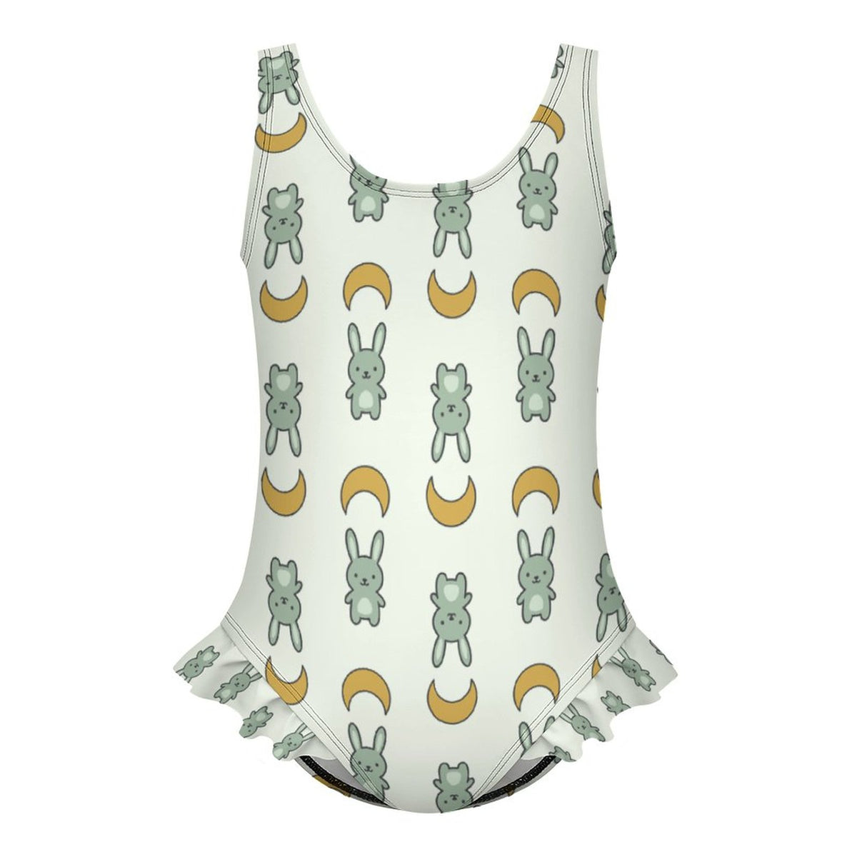 Girls Cute Bunny & Moon Print Ruffle Trim Swimsuit