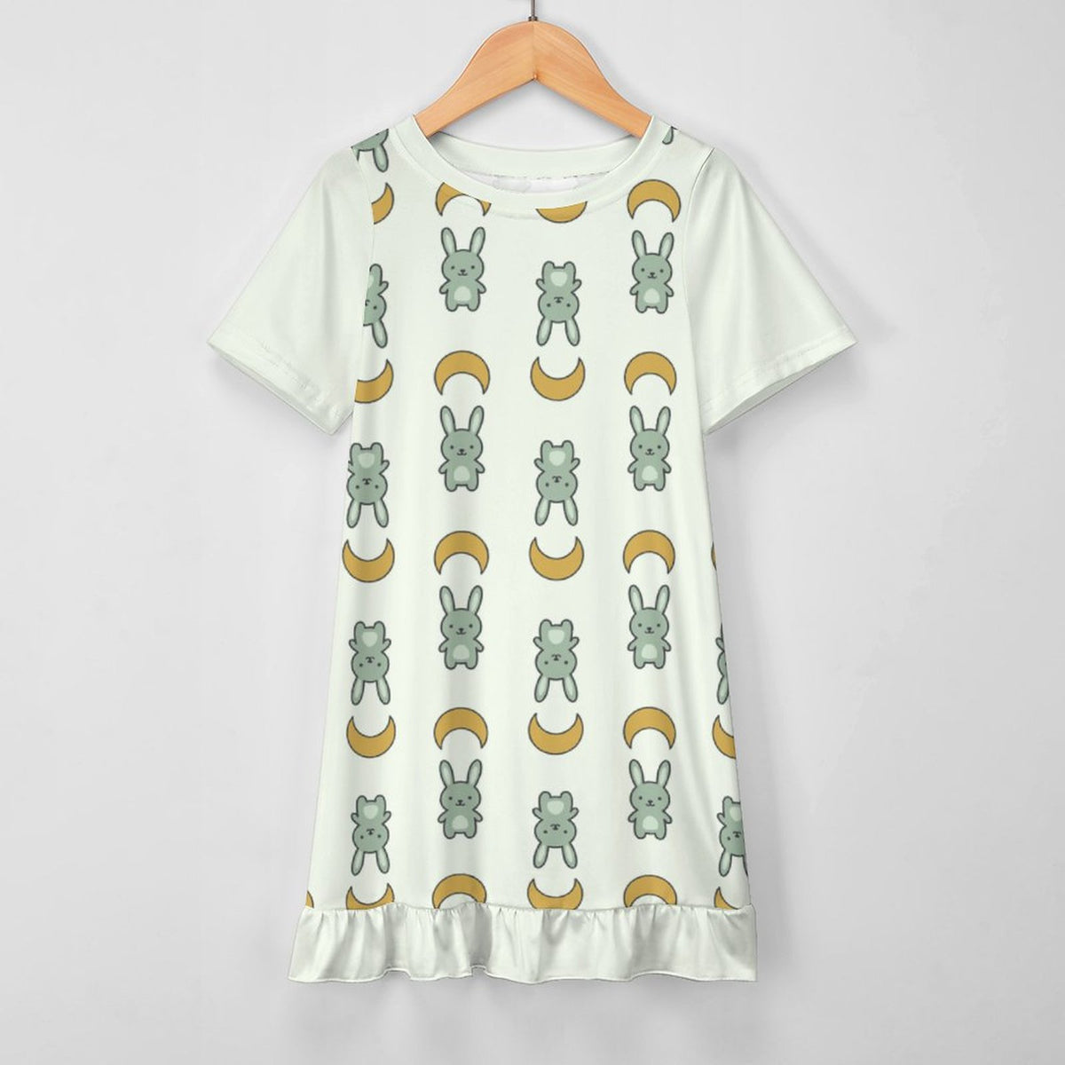 Cute Bunny & Moon Girls Ruffle Hem Dress | Short Sleeve