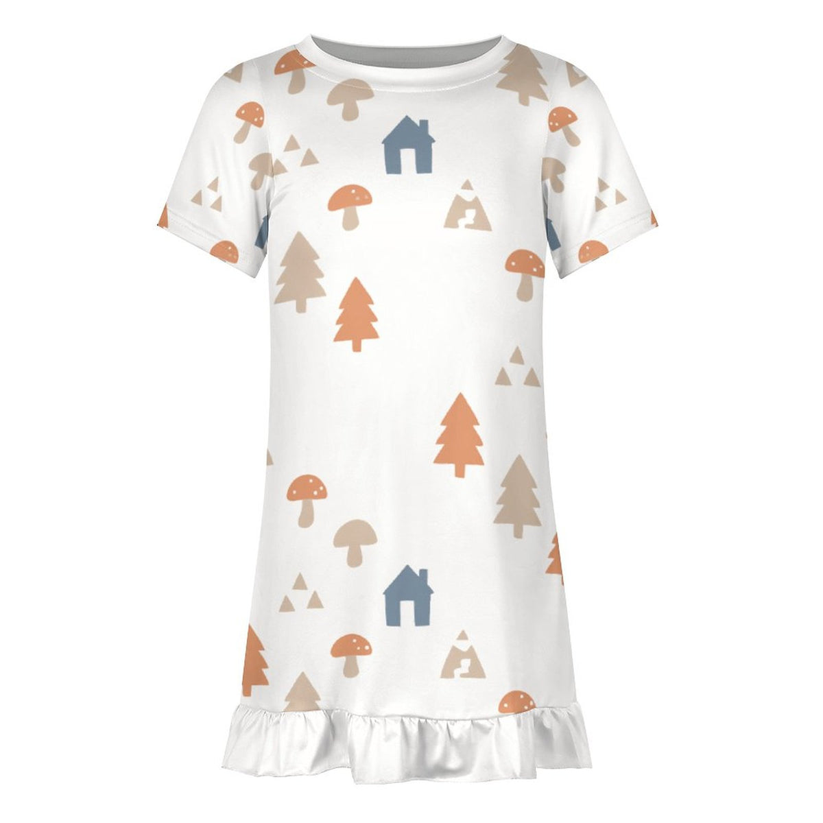Girls' White Forest Pattern Ruffle Hem Dress