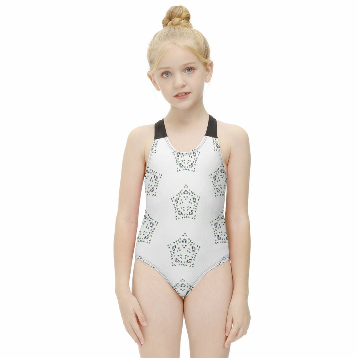 Girls' White Geometric Star Athletic Bathing Suit