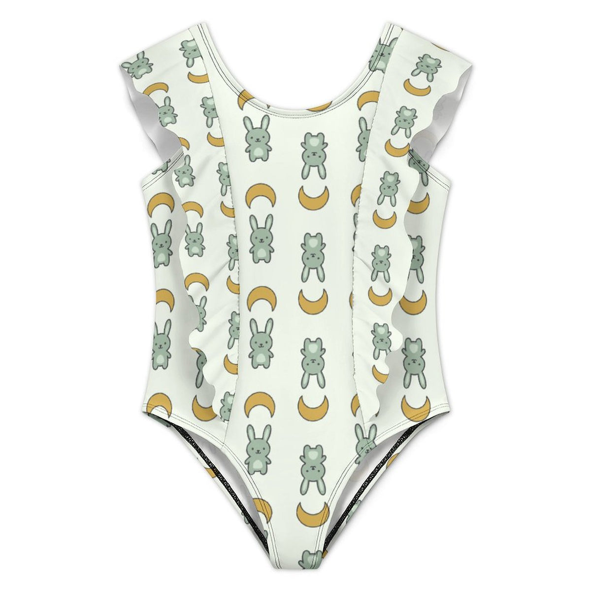 Girls Cute Bunny & Moon Print Flutter Ruffle Swimsuit