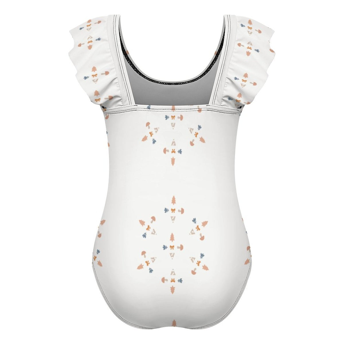 Girls' White Geometric Motif Front Ruffle Bathing Suit