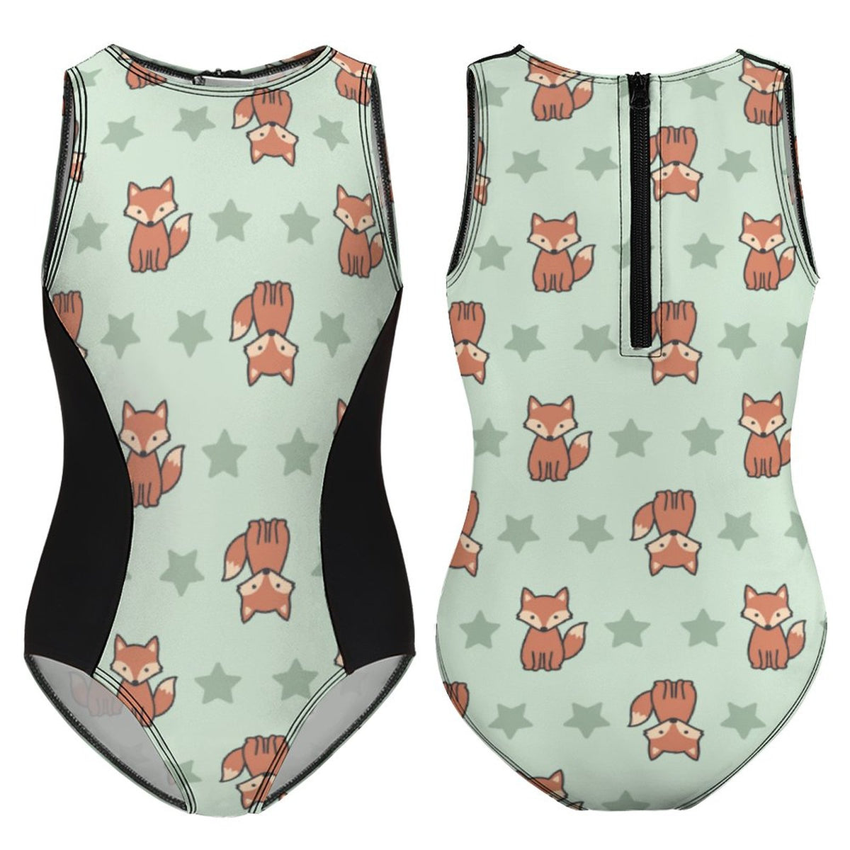 Cute Fox Print Zip Front Girls Swimsuit | Color Block