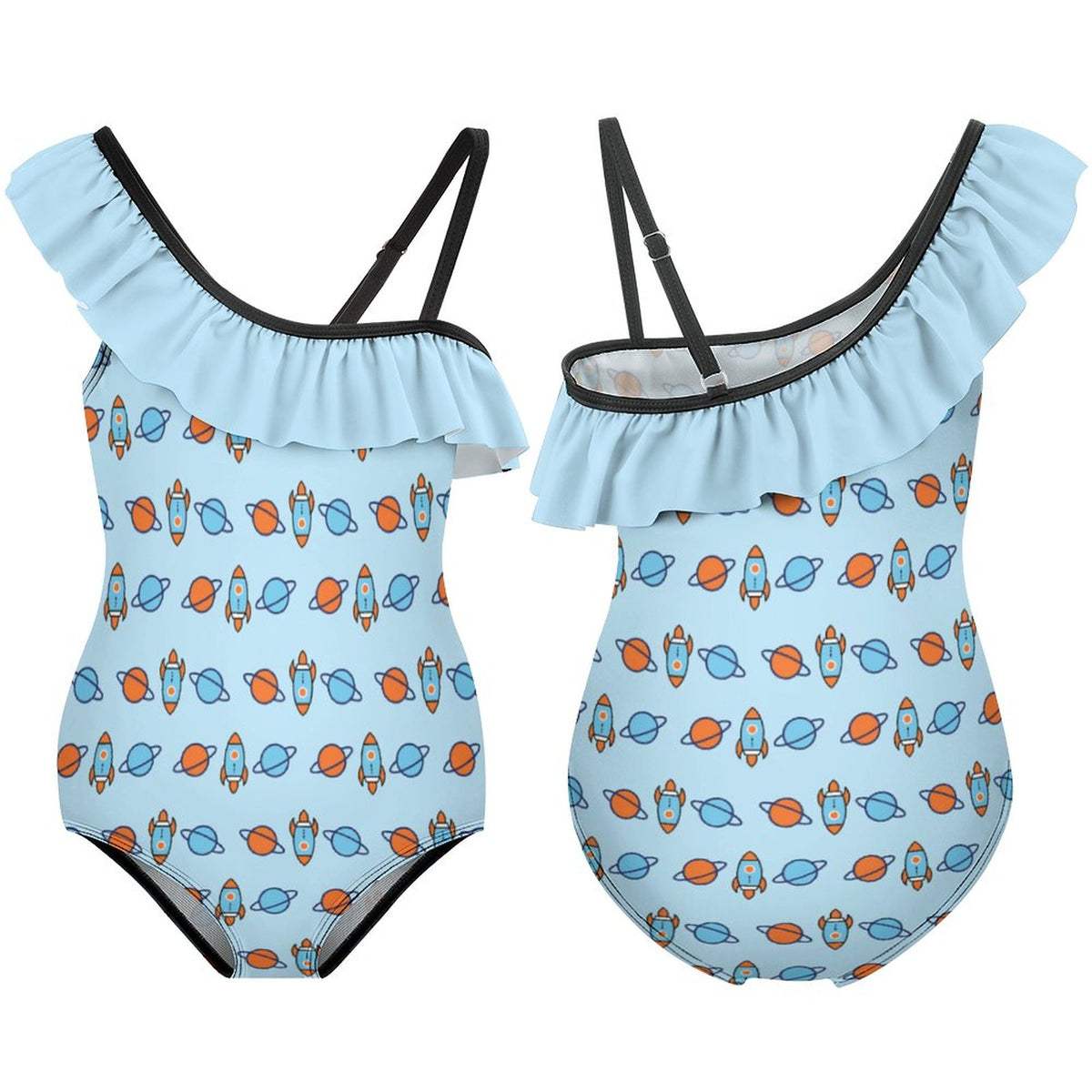 Outer Space Rocket Asymmetric Ruffle Girls Swimsuit