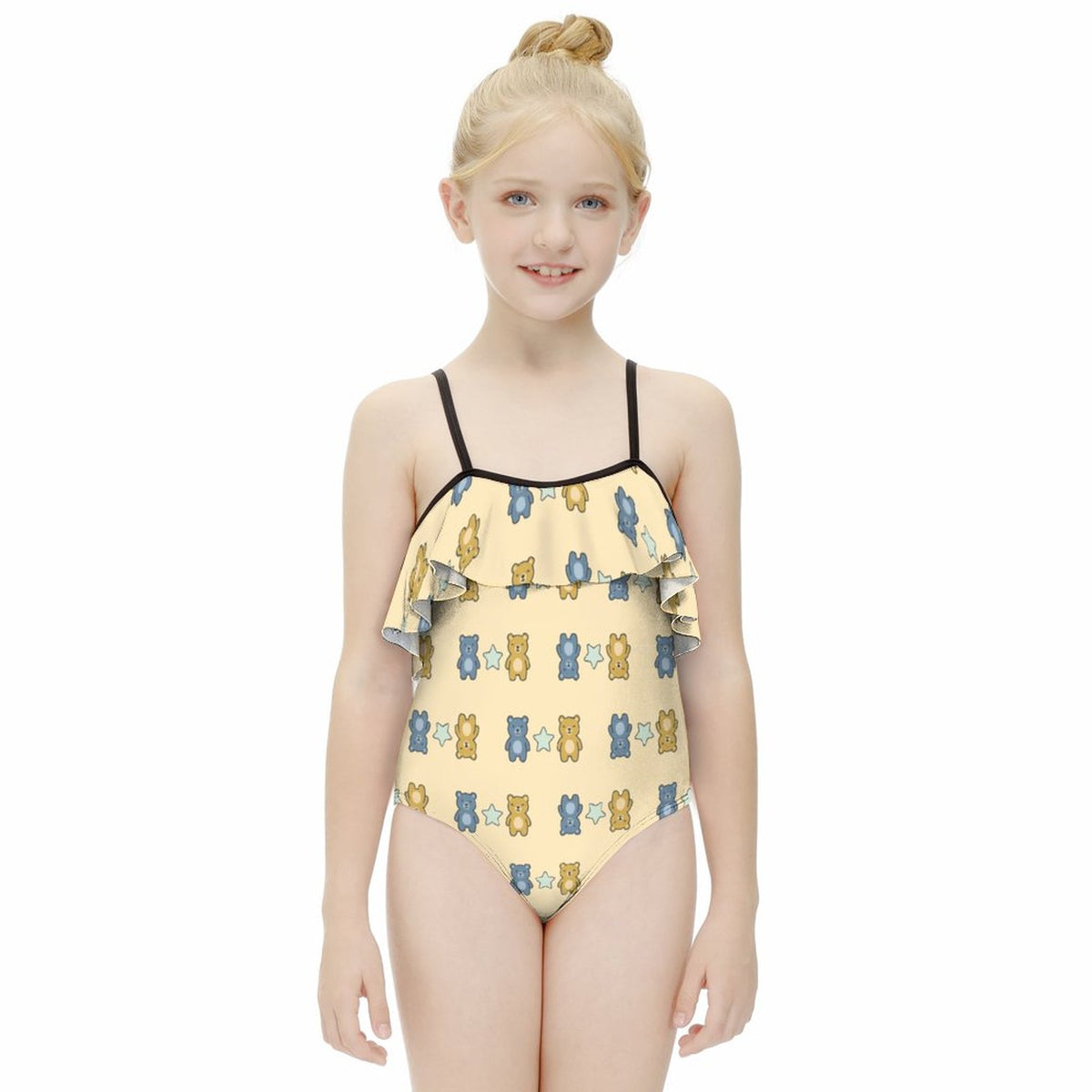 Cute Teddy Bear Off-Shoulder Girls Swimsuit | Ruffle