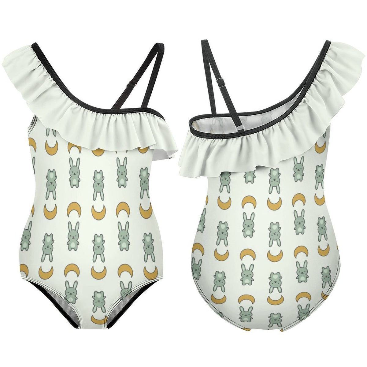 Cute Bunny & Moon Asymmetric Ruffle Girls Swimsuit