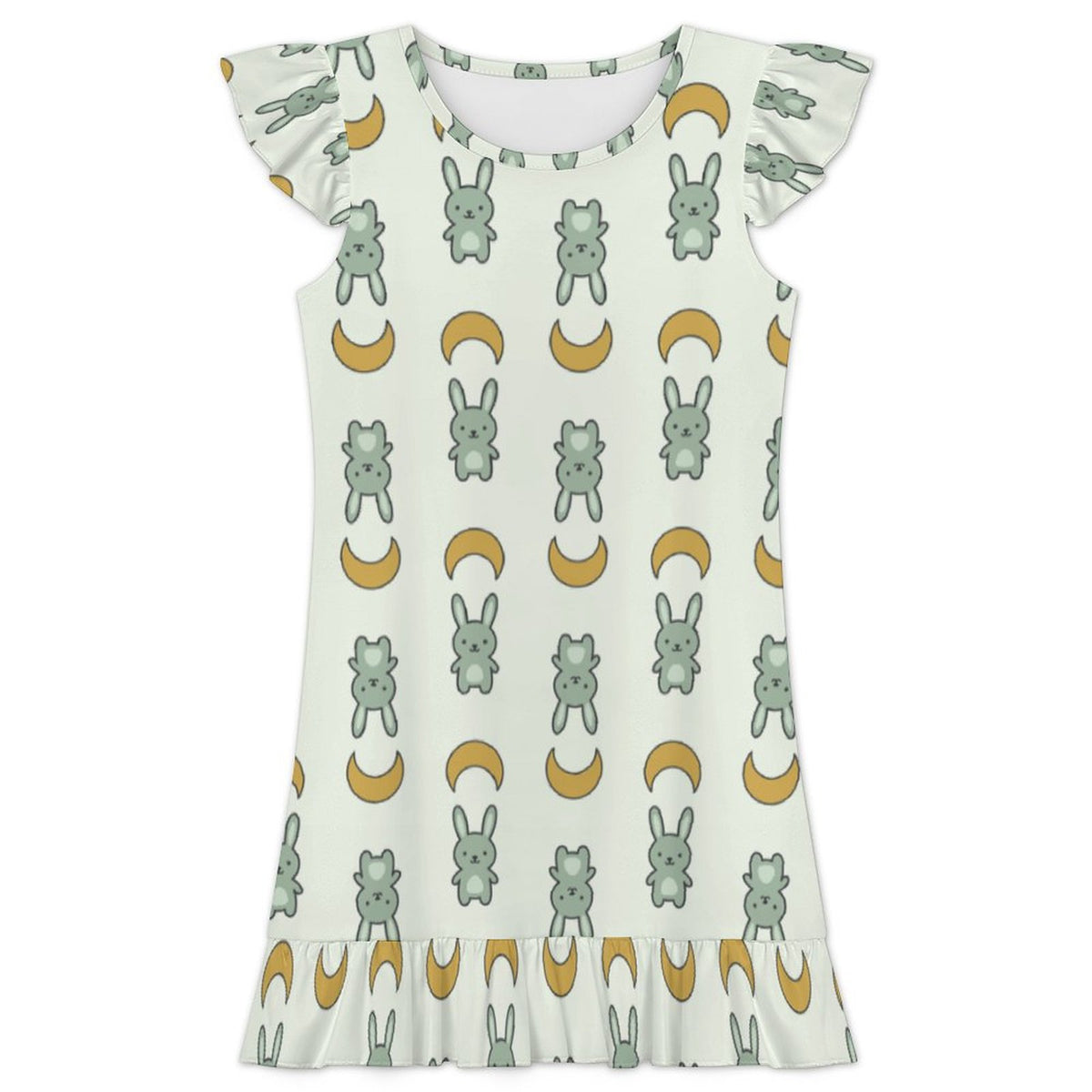 Girls Cute Bunny & Moon Print Ruffle Nightgown