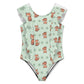 Girls Cute Fox Print Ruffle Shoulder One-Piece Swimsuit
