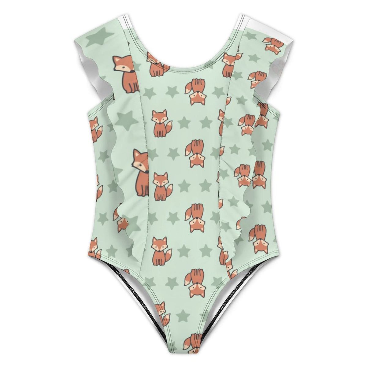 Girls Cute Fox Print Ruffle Shoulder One-Piece Swimsuit