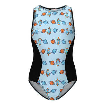 Outer Space High Neck Zip Back Girls Swimsuit