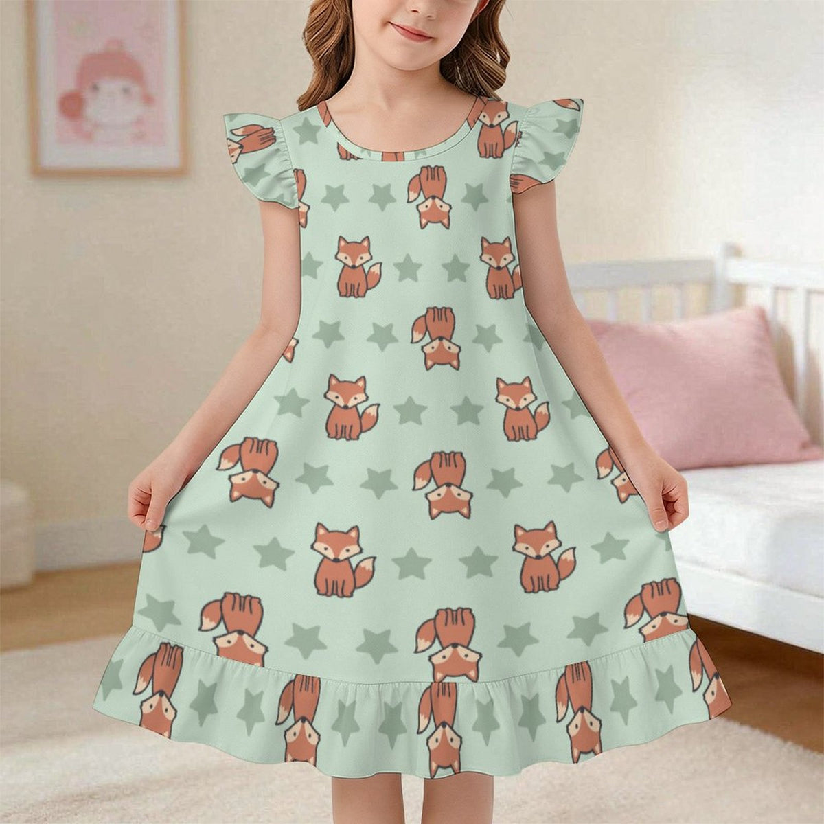 Girls Cute Fox Print Ruffle Sleeve Nightgown