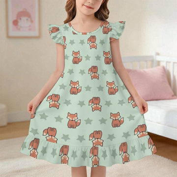 Girls Cute Fox Print Ruffle Sleeve Nightgown